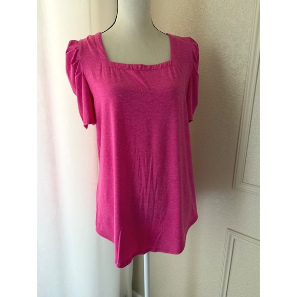 Tops - Pink Square Neck Puff Sleeve Top Heathered Pleated Short Sleeve Blouse‎ Large
